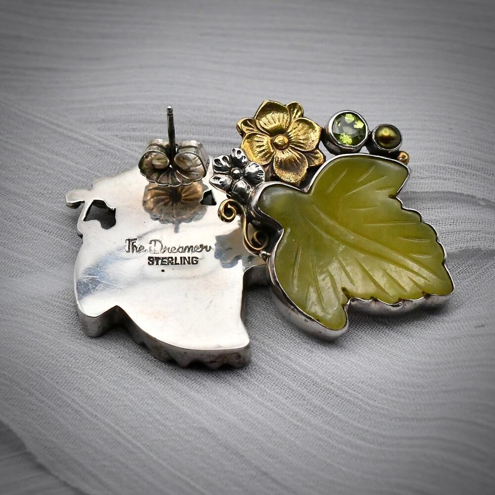 Echo of Dreamer Sterling Silver Bronze Carved Serpentine Peridot Leaf Earrings